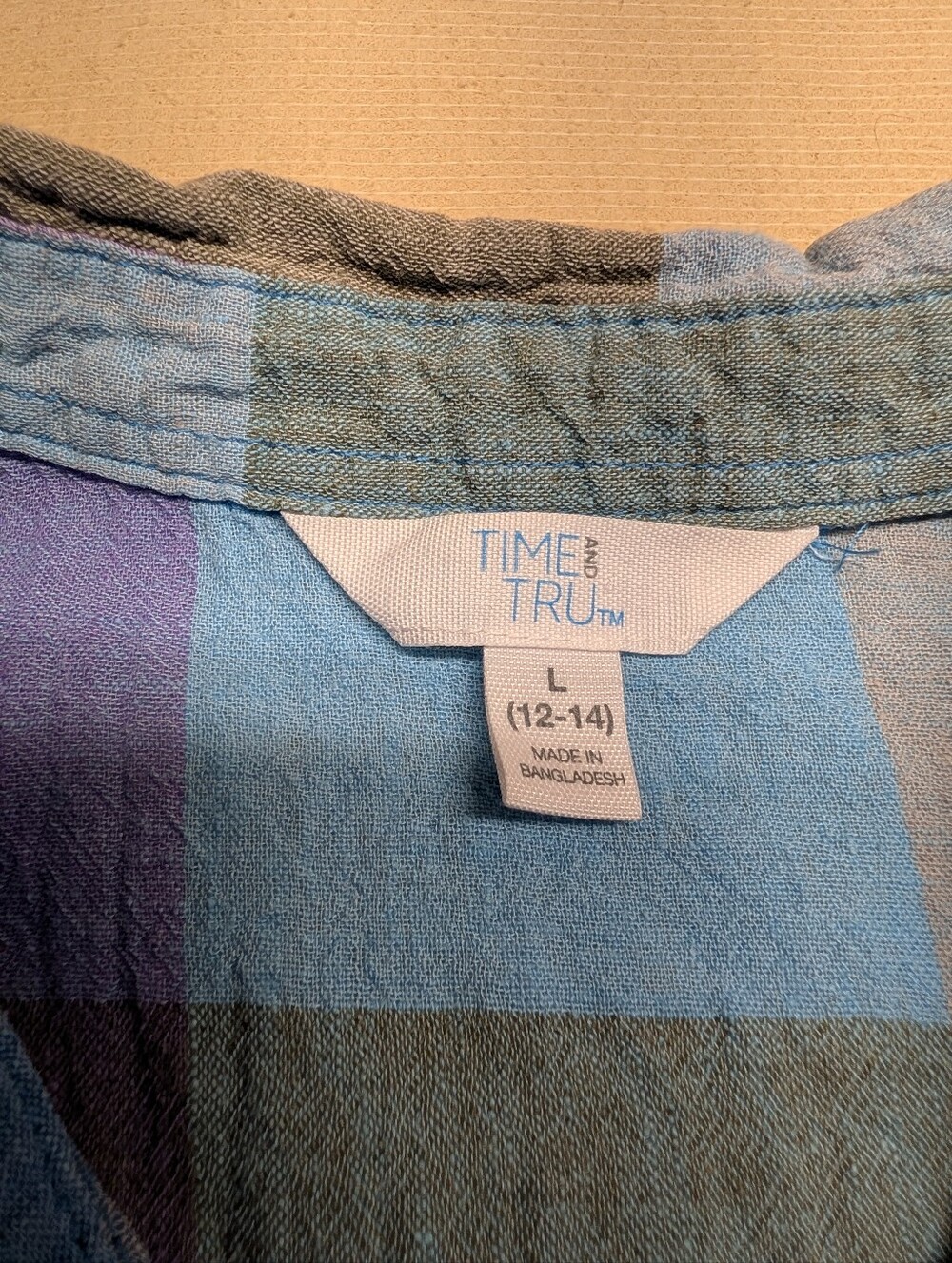 Time and Tru Women's Size L Sleeveless Plaid Button-Front Top-Blue Purple Green - Picture 3 of 5